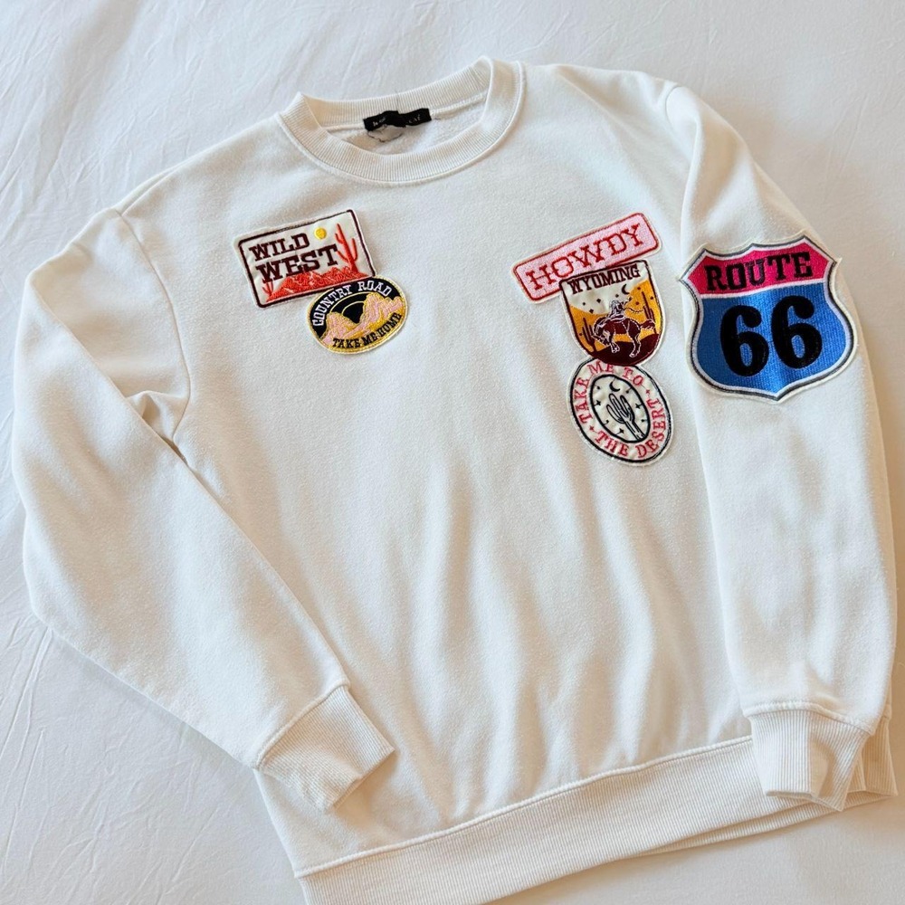 Route 66 Americana Patch Crewneck Sweatshirt Cream Off-White XS Oversized